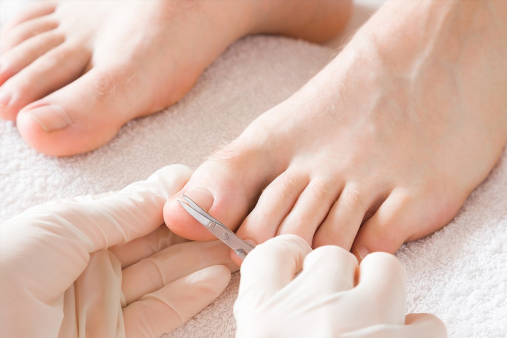 Pedicurist's hands in protective rubber gloves cutting toenails with scissors. Cares about man's feet. Specialist with client in beauty salon. Professional beauty service. Pedicure, manicure concept.