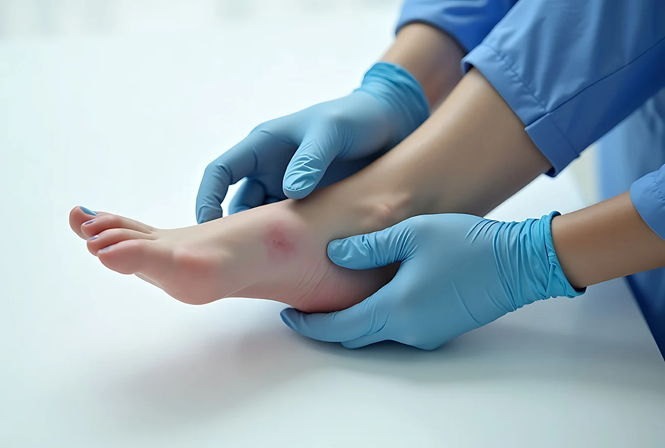 Doctor in blue gloves examining a red skin lesion or cyst on a patient's foot.